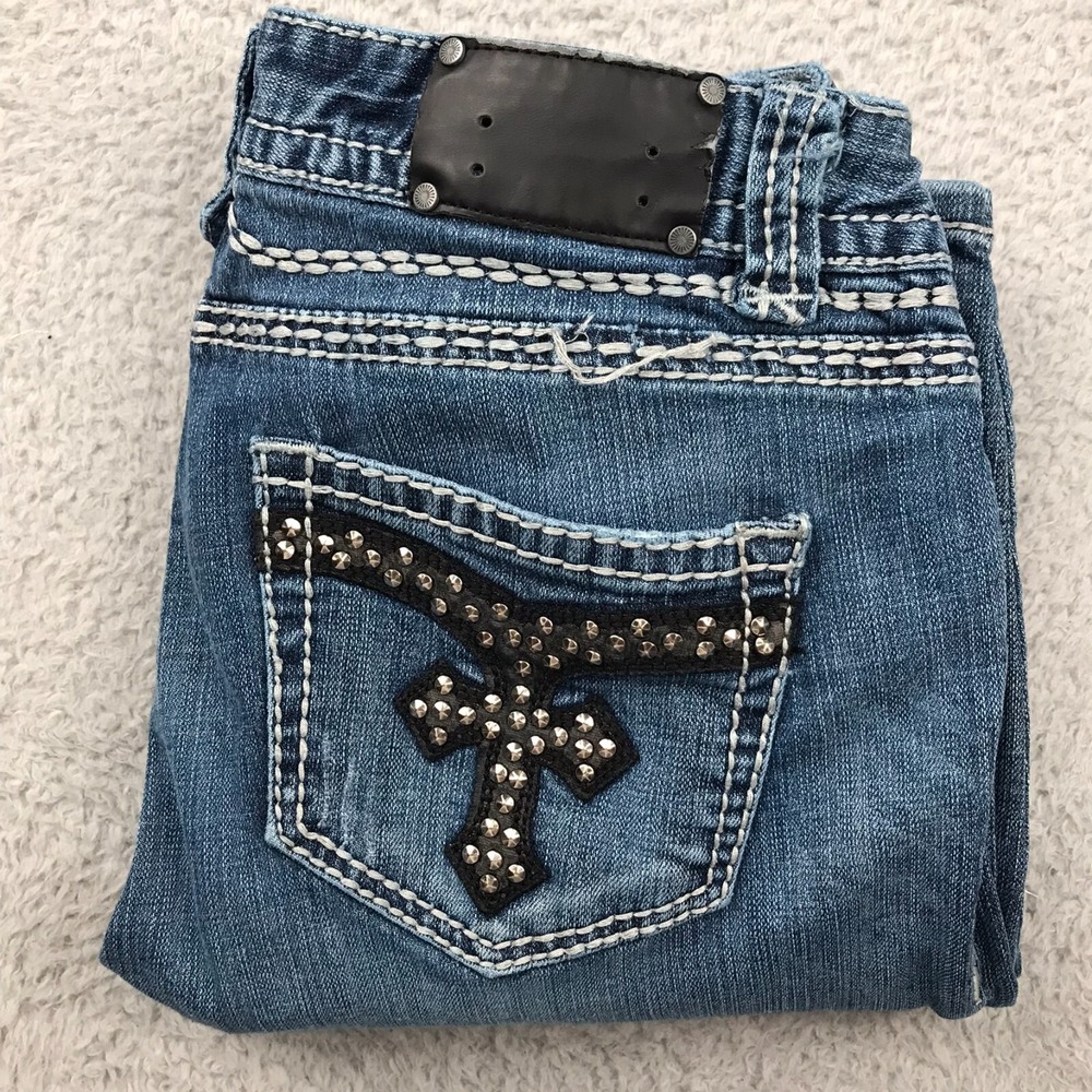 Rock & Roll Cowgirl Jeans Women 32 (33x32) Emboirdered Studded Mid Rise Western